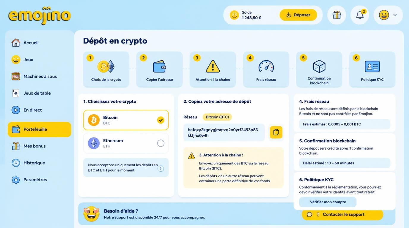 Dépôt crypto sécurisé avec adresse, type de coin, confirmation blockchain, et avertissement KYC