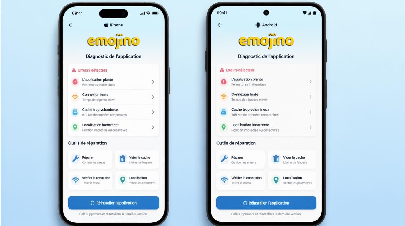 Deux smartphones avec les problèmes courants de l’app et leurs solutions.