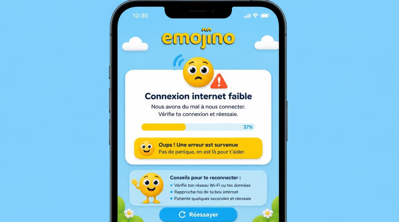 Interface mobile avec problème de connexion mais design rassurant.