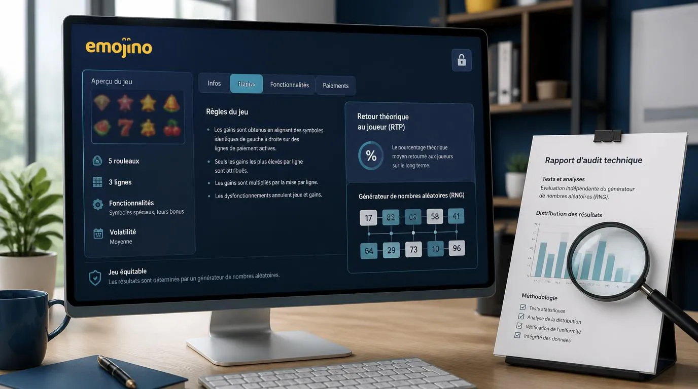Interface de jeu avec rÚgles, paramÚtres RNG et rapport de contrÎle indépendant sur un écran