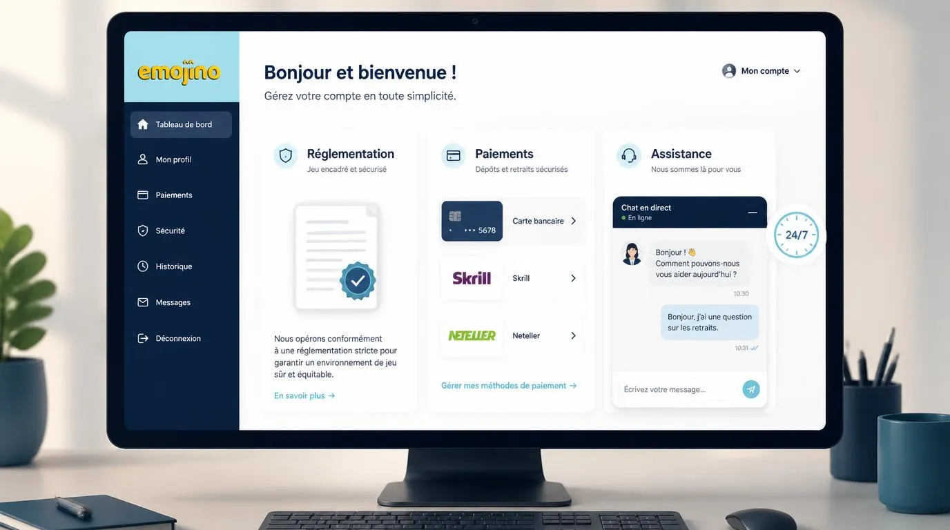 Interface de casino présentant les moyens de dépÎt, une assistance en français et un encadrement réglementaire