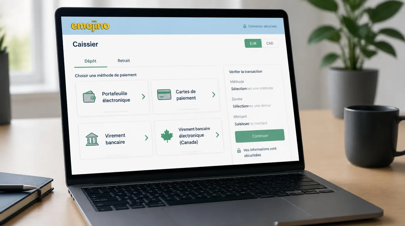 Interface de caisse avec portefeuilles électroniques, cartes, virement bancaire et choix des devises EUR et CAD